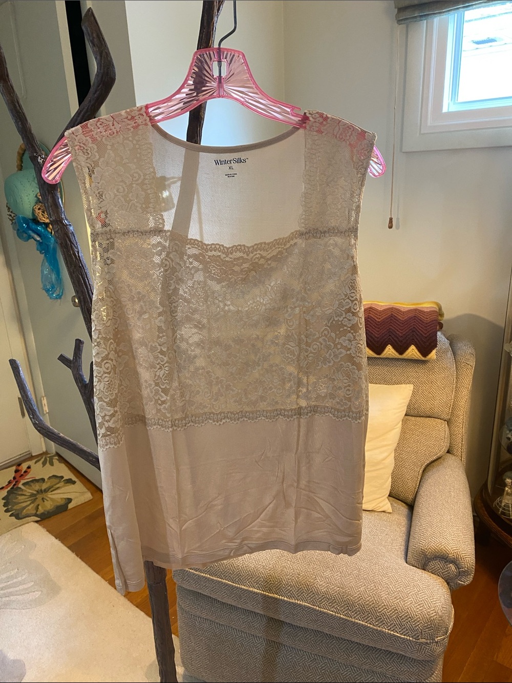 WinterSilks Latte Color Lace-Front Sleeveless Camisole XL